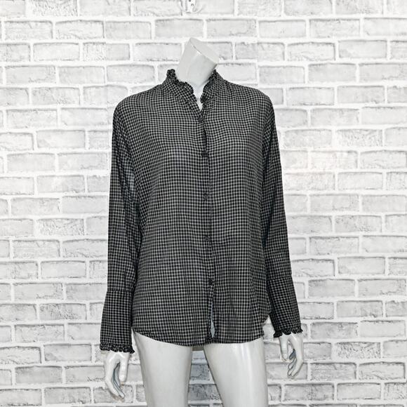 Nili Lotan Women's Lydia Ruffled trim Shirt in Black check cotton size Large - Picture 1 of 11